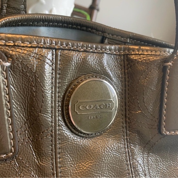 Coach Green Metallic Leather Signature Stitched Satchel Shoulder Bag Purse - Picture 2 of 7